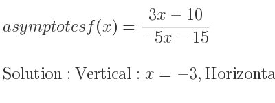 The asymptotes of f(x)=(3x-10)/(-5x-15) is Vertical: x=-3,Horizontal: y=-3/5
